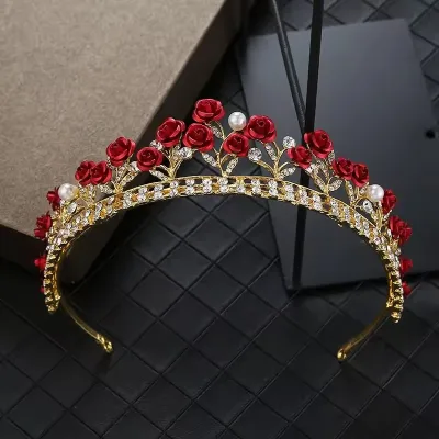 Red Rose Flower Pearl Golden Crown